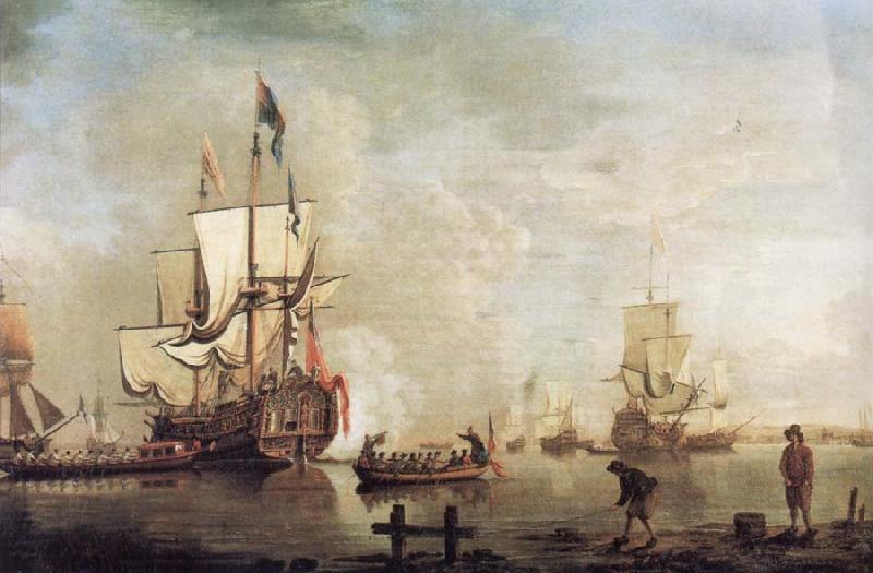 Thomas Mellish The Royal Caroline in a calm estuary flying a Royal standard and surrounded by an attendant barge and other small boats China oil painting art